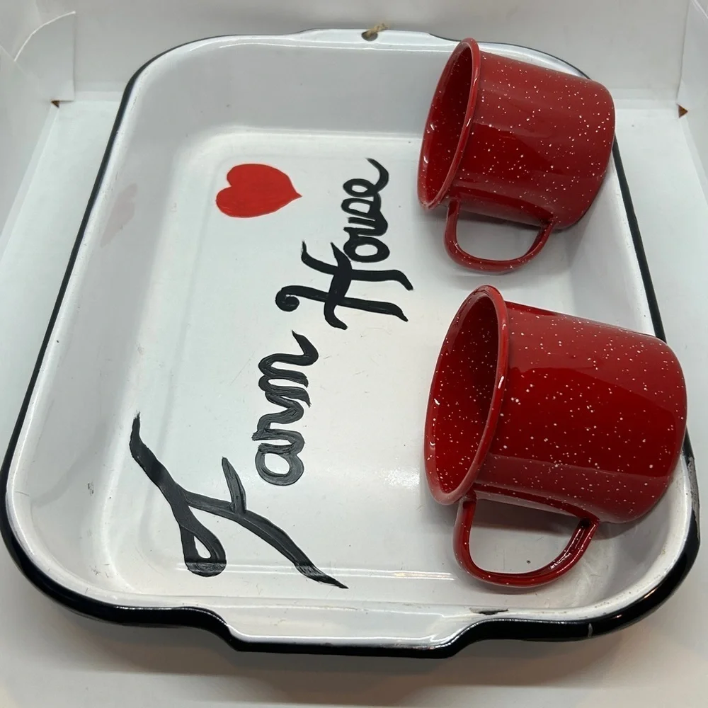 Red and White Farmhouse Enamel Tray decor Size 15.5 x 10.5 x 2.25 inches
